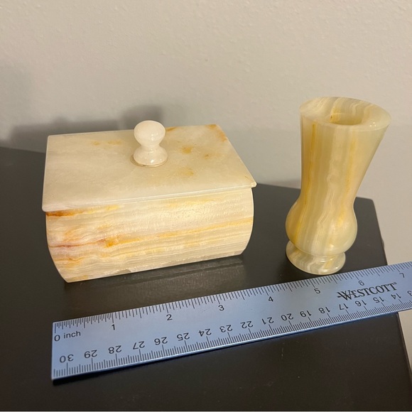 Vintage Alabaster Onyx Marble Stone Jewelry Box & Bud Vase - Picture 4 of 7